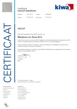 Miedema-AGF HACCP certificaat 2020